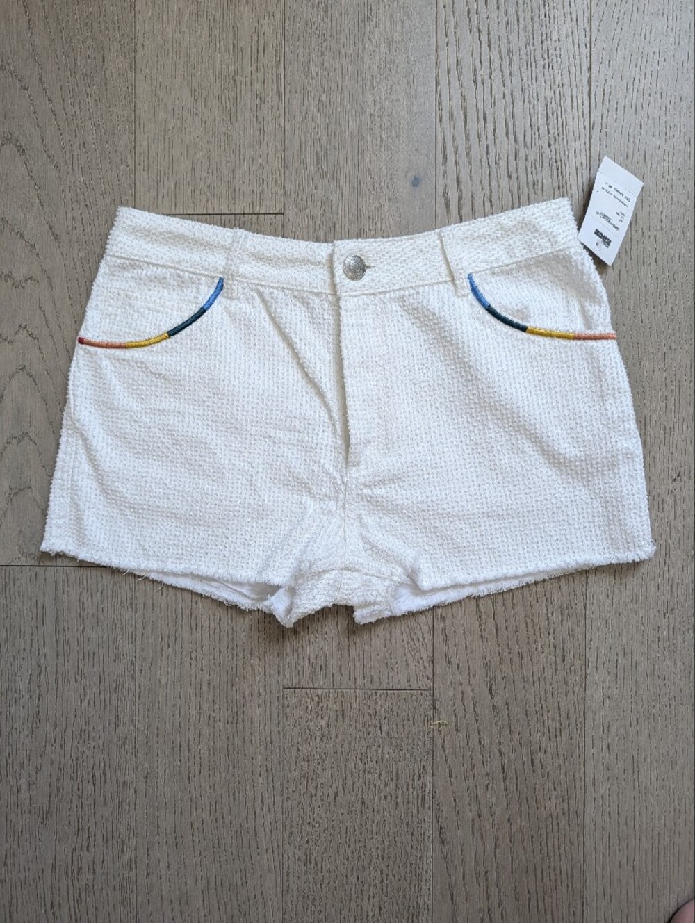 STAUD White Textured Cotton Shorts with Rainbow Trim